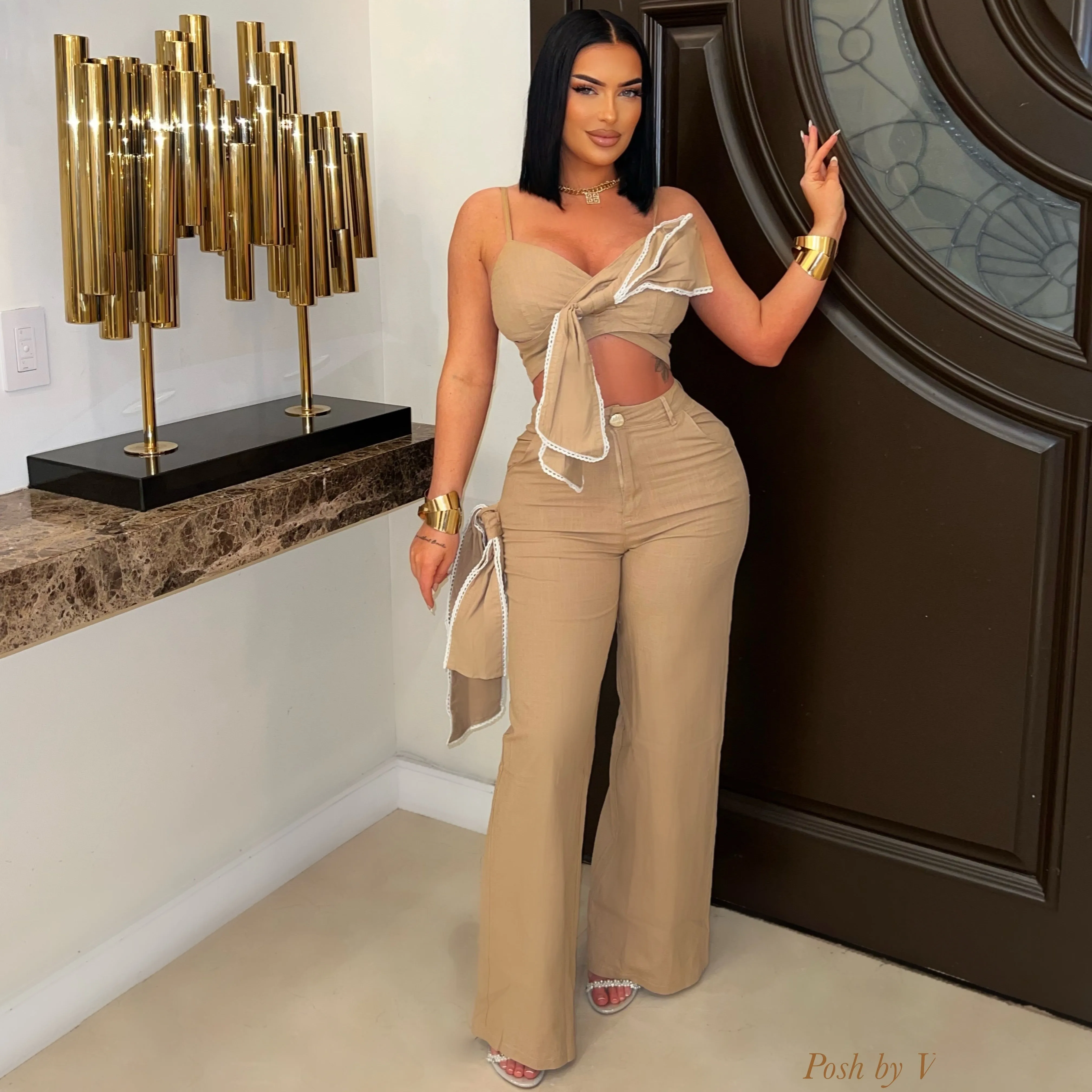 Celine linen pants set (Mocha/white)