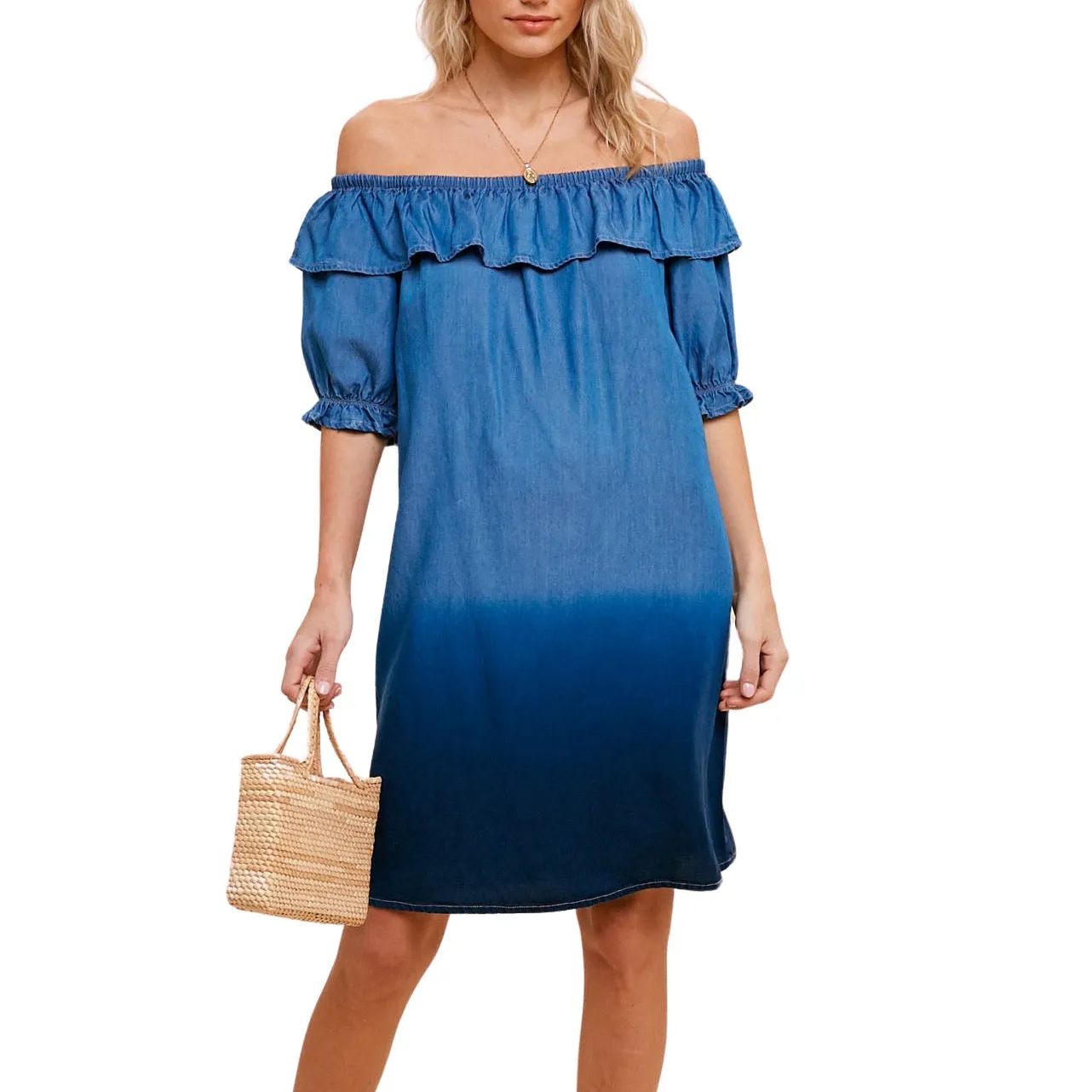 Dip Dyed Off The Shoulder Denim Dress - Blue