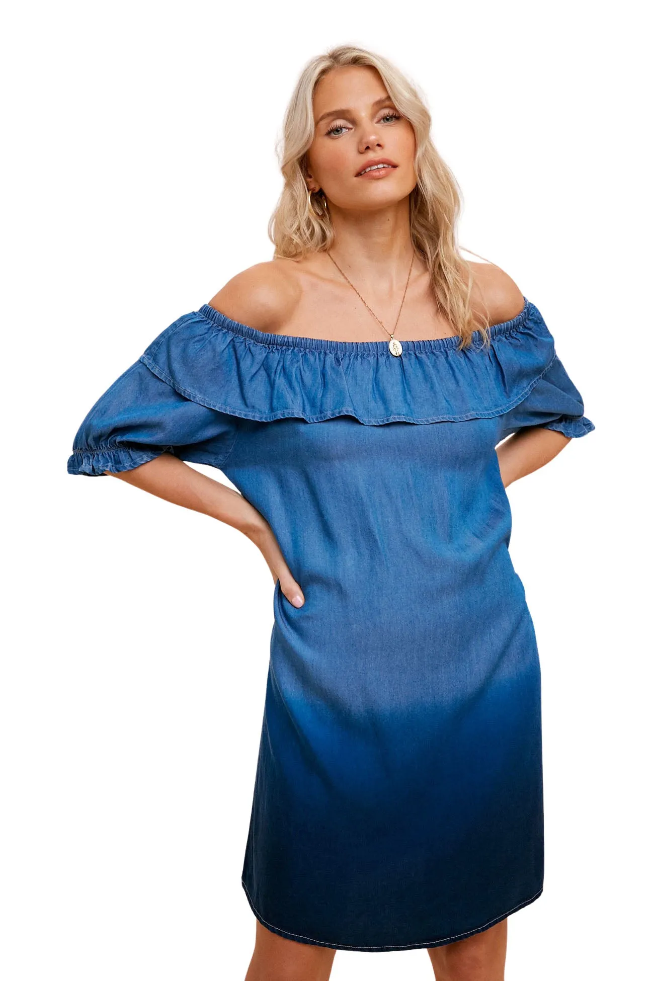 Dip Dyed Off The Shoulder Denim Dress - Blue
