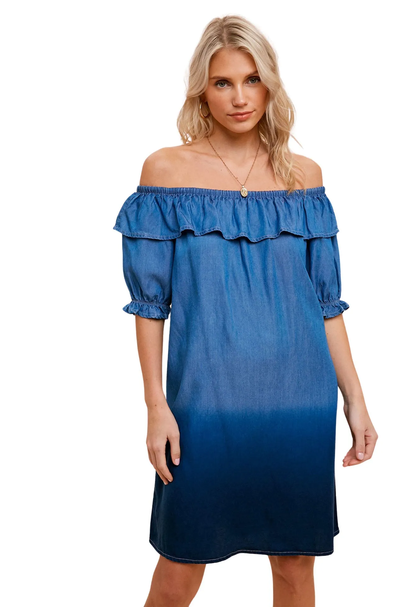Dip Dyed Off The Shoulder Denim Dress - Blue