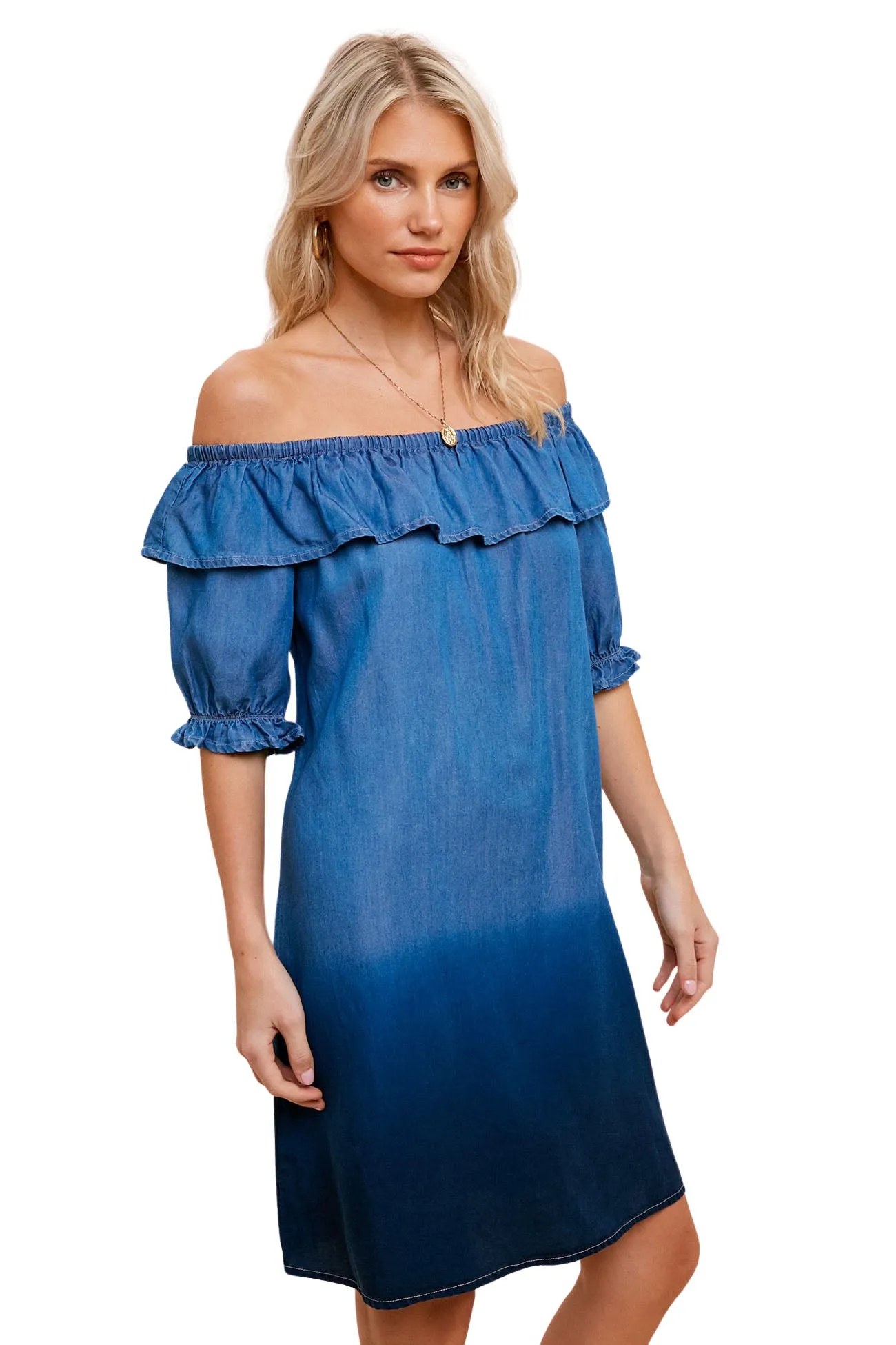 Dip Dyed Off The Shoulder Denim Dress - Blue