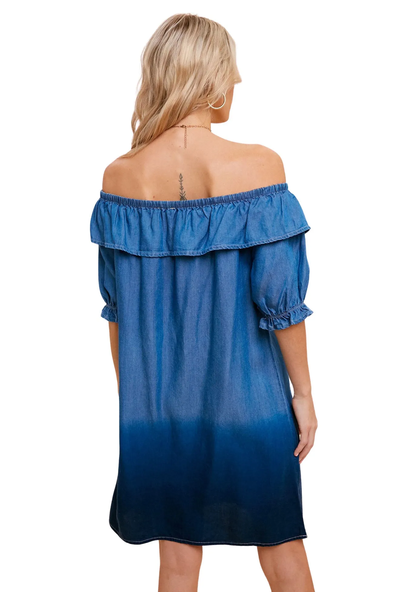 Dip Dyed Off The Shoulder Denim Dress - Blue