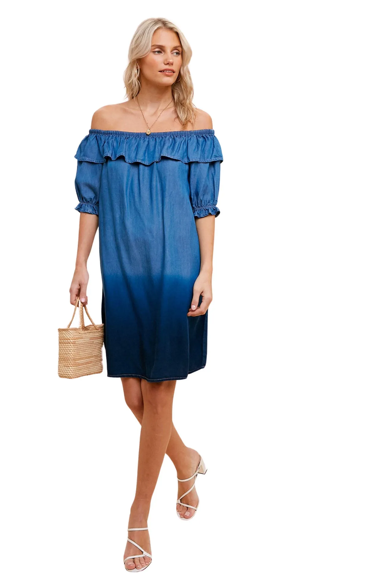 Dip Dyed Off The Shoulder Denim Dress - Blue