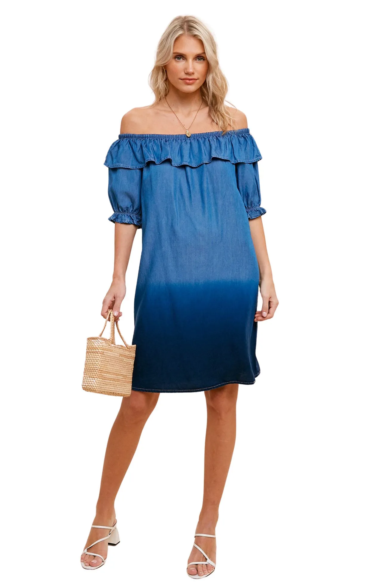 Dip Dyed Off The Shoulder Denim Dress - Blue