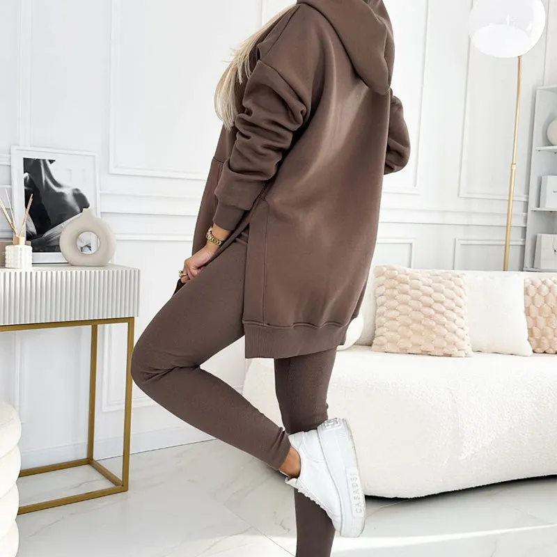 🎁HOT SALE🎁Women's Fashion Solid Color Hoodie And Lined Leggings Two-Piece Set