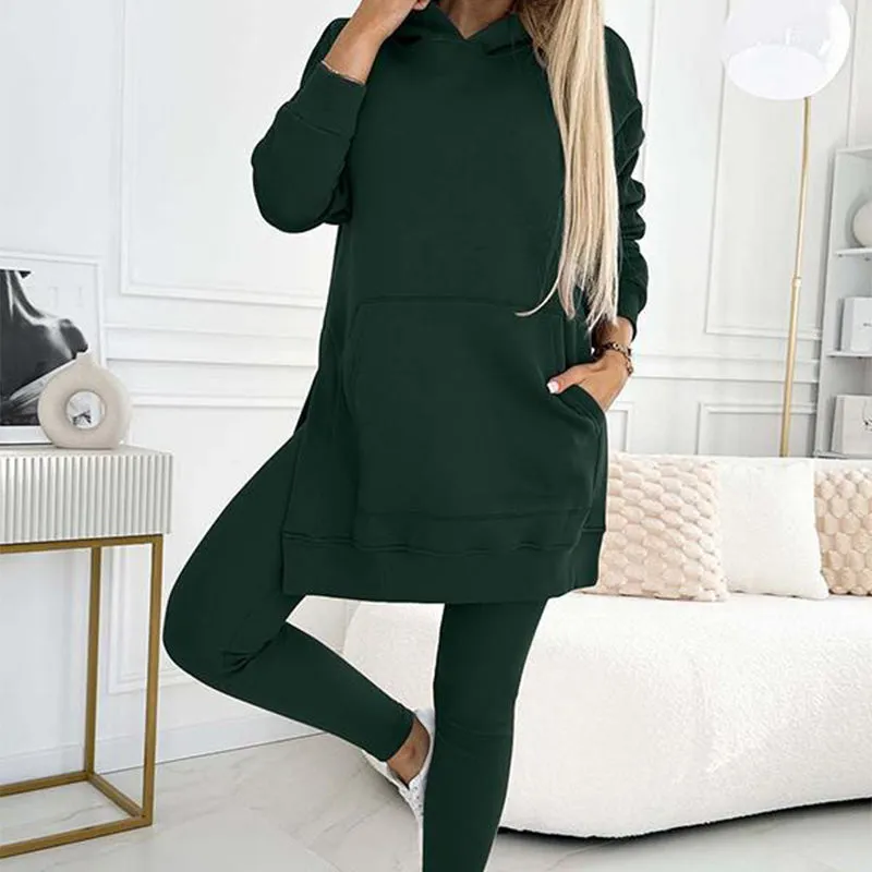 🎁HOT SALE🎁Women's Fashion Solid Color Hoodie And Lined Leggings Two-Piece Set