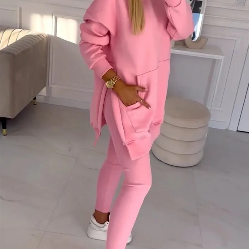 🎁HOT SALE🎁Women's Fashion Solid Color Hoodie And Lined Leggings Two-Piece Set
