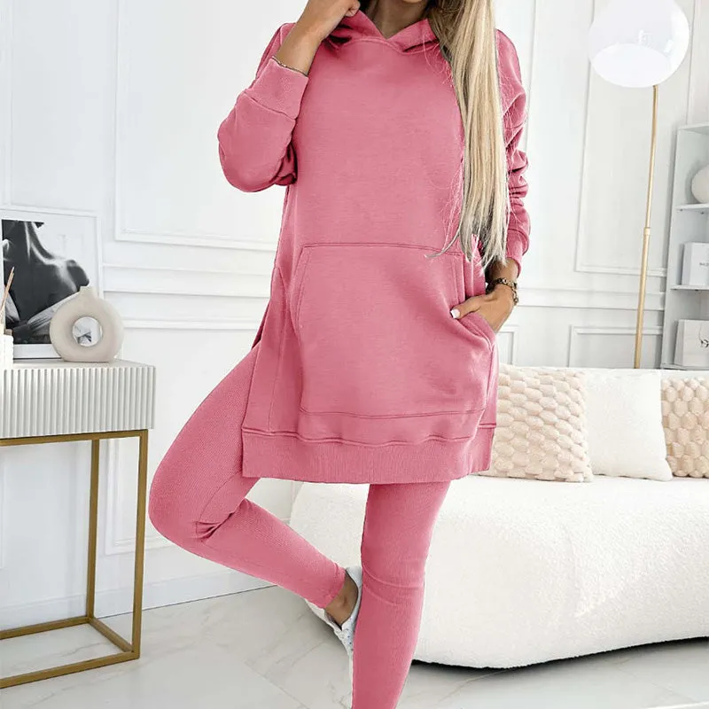 🎁HOT SALE🎁Women's Fashion Solid Color Hoodie And Lined Leggings Two-Piece Set