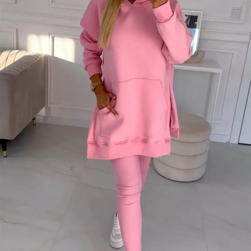 🎁HOT SALE🎁Women's Fashion Solid Color Hoodie And Lined Leggings Two-Piece Set