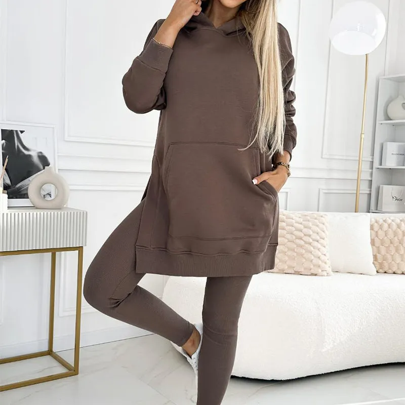 🎁HOT SALE🎁Women's Fashion Solid Color Hoodie And Lined Leggings Two-Piece Set