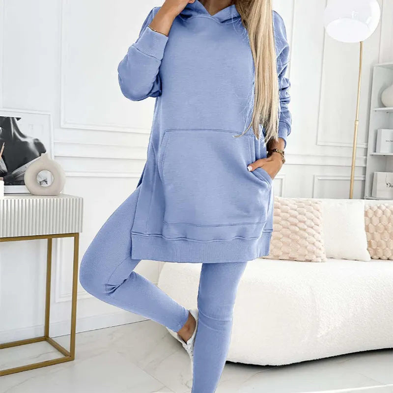 🎁HOT SALE🎁Women's Fashion Solid Color Hoodie And Lined Leggings Two-Piece Set