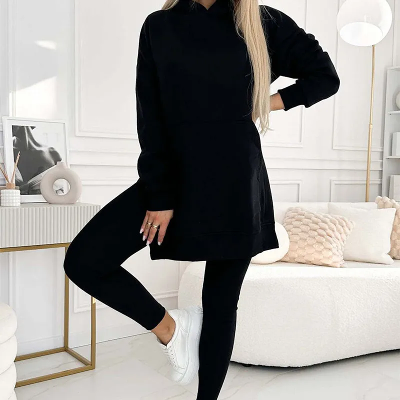 🎁HOT SALE🎁Women's Fashion Solid Color Hoodie And Lined Leggings Two-Piece Set