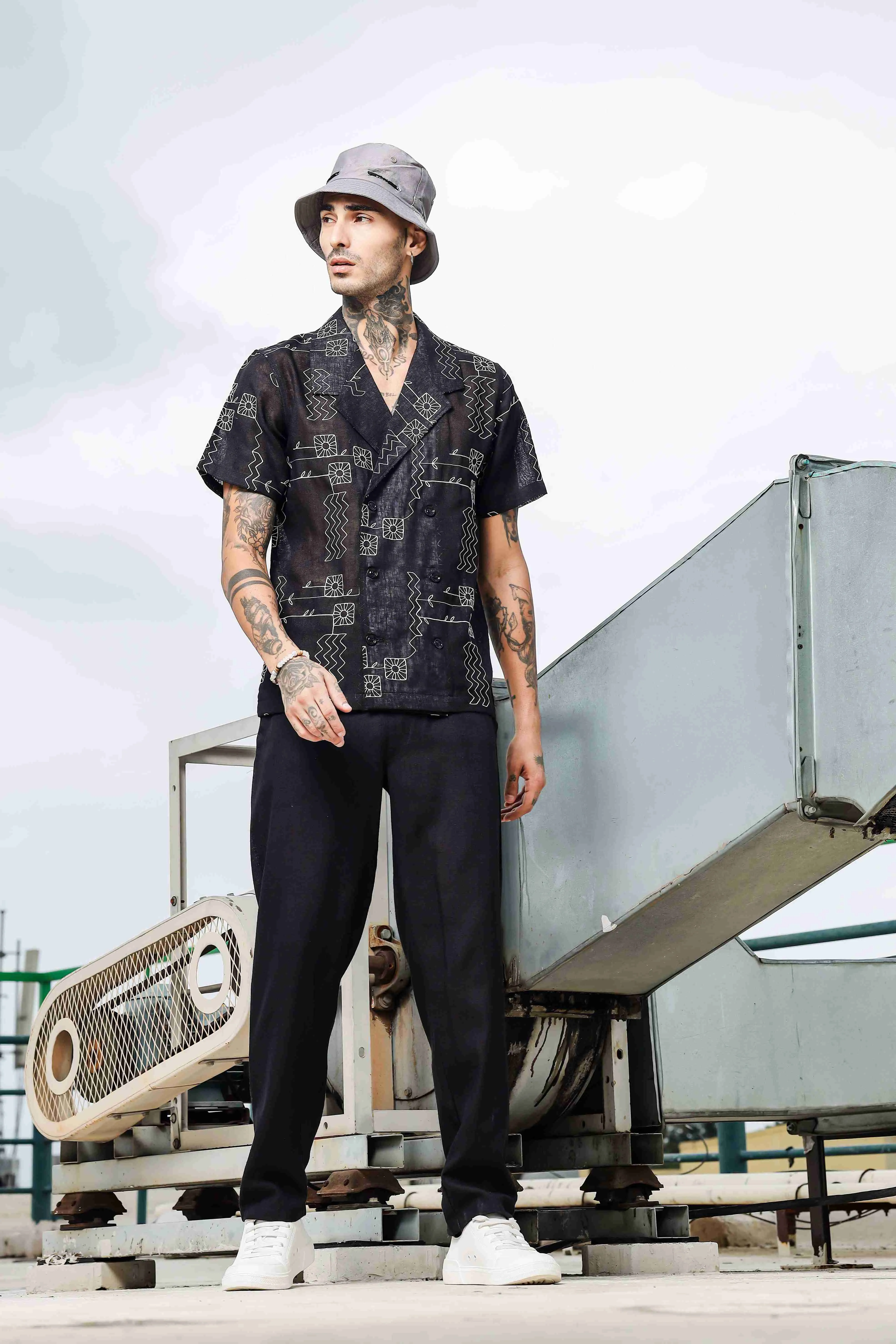 Linen Embroidered Black All Day Pants