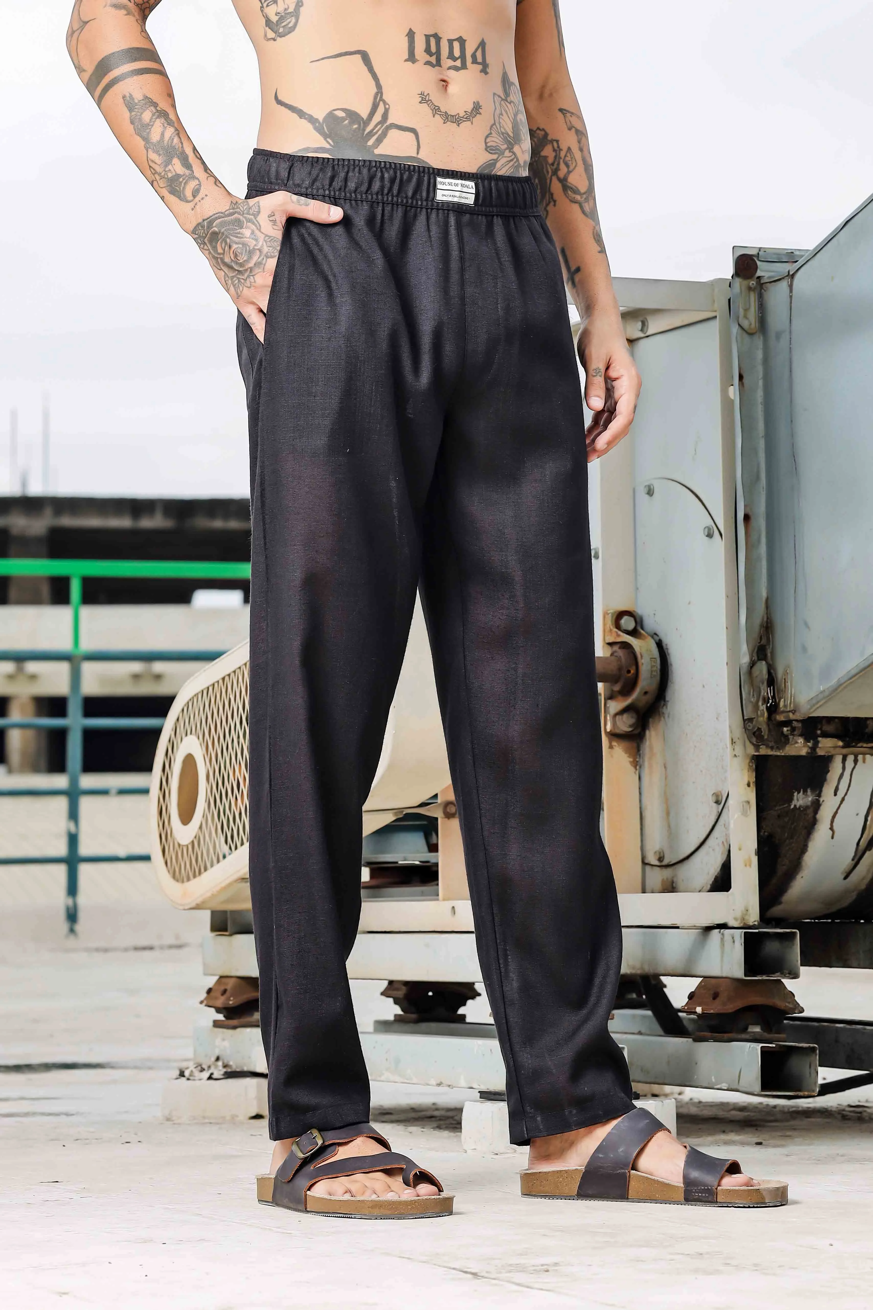 Linen Embroidered Black All Day Pants